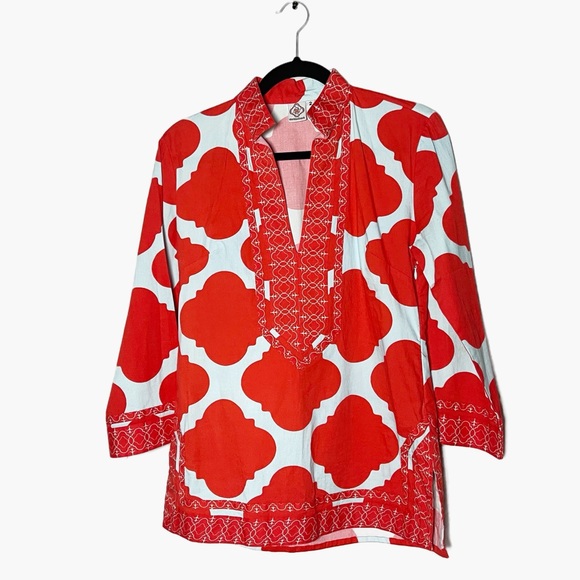 Sheridan French Tops - Sheridan French Embellished red and blue Tunic size 2 preppy game day bold print